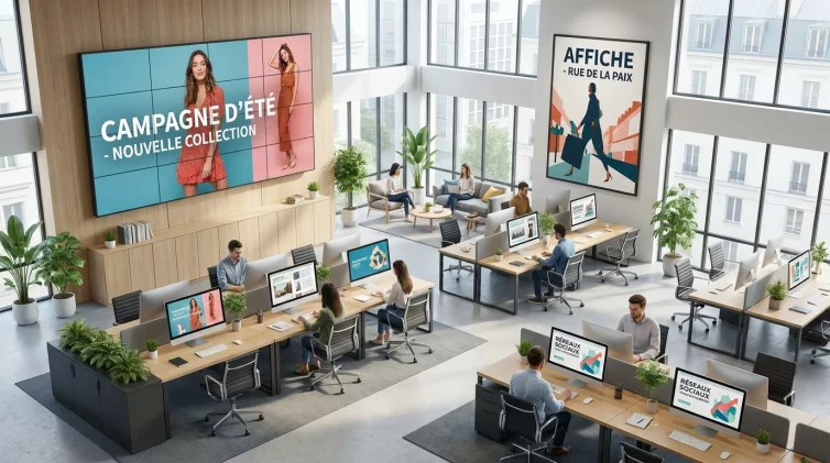 Bureau d'agence de publicité avec campagnes multicanales en cours de conception