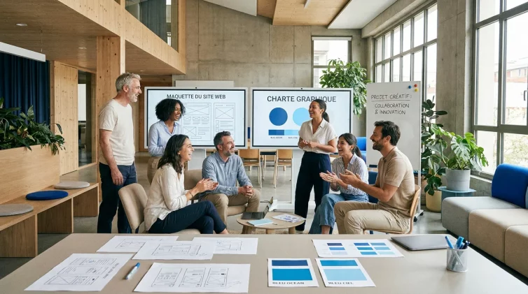 Équipe créative collaborant dans un bureau moderne d'agence de communication