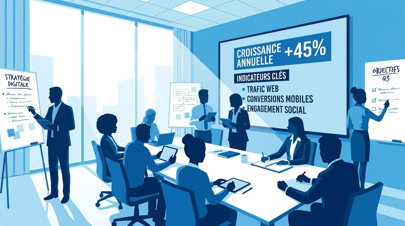 Réunion stratégique dans une agence de communication moderne avec écran de données