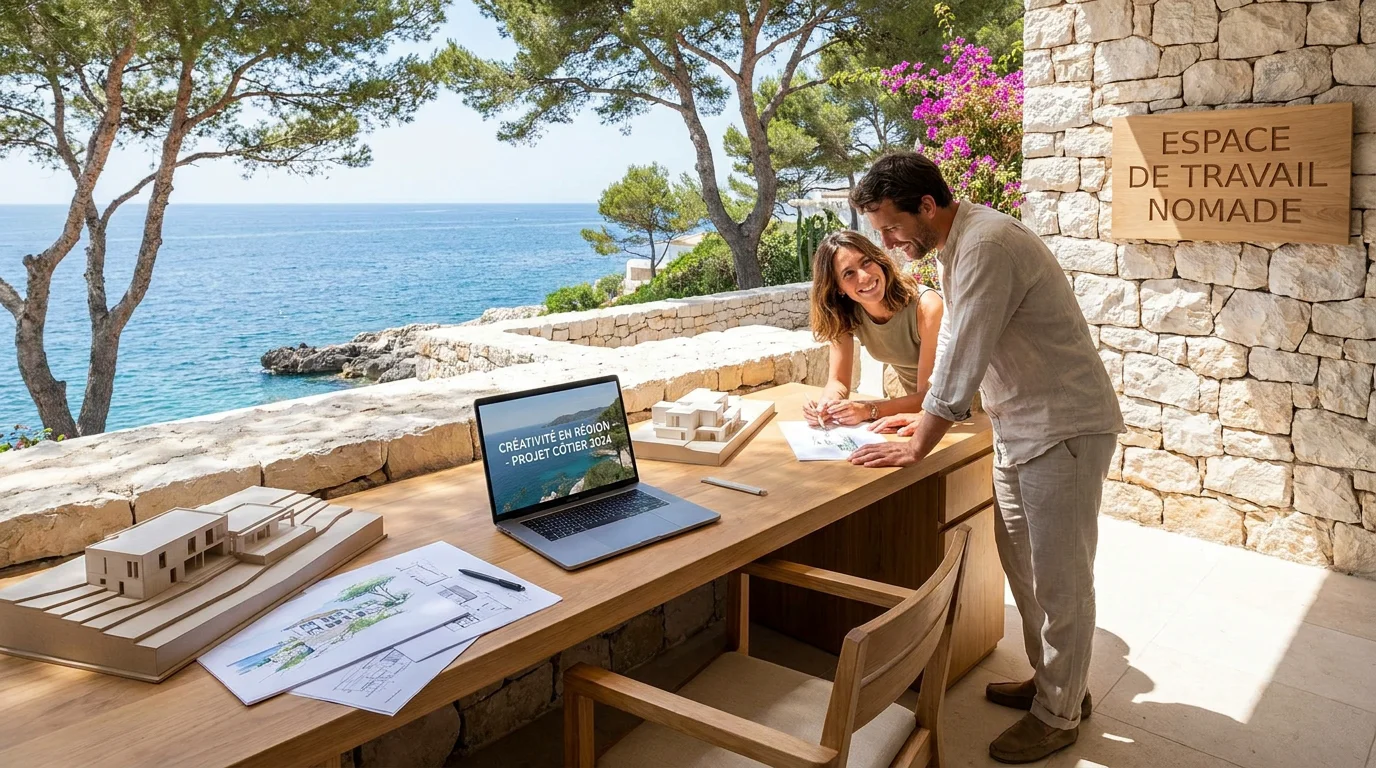 Espace de travail créatif en bord de mer représentant une agence de communication régionale